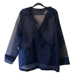Talbots Long Sleeve Ruffle V-Neck Sheer Crepe Wrap Blouse Women's Plus 22W Blue